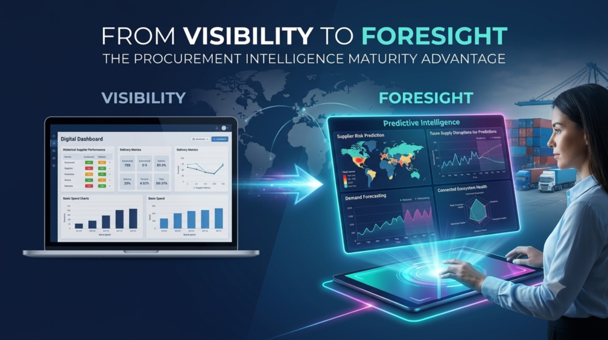 Dashboard visualization showing the transition from reactive procurement visibility to proactive AI-driven procurement foresight and predictive supplier risk management.