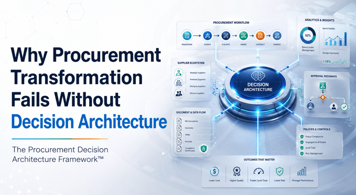 Procurement decision architecture connecting workflows, supplier data, approvals, analytics, and governance for digital procurement transformation.